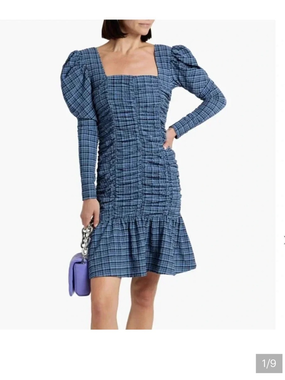 Ganni Blue and Black Plaid Ruched Checkered Stretch Seersucker Mini Dress
